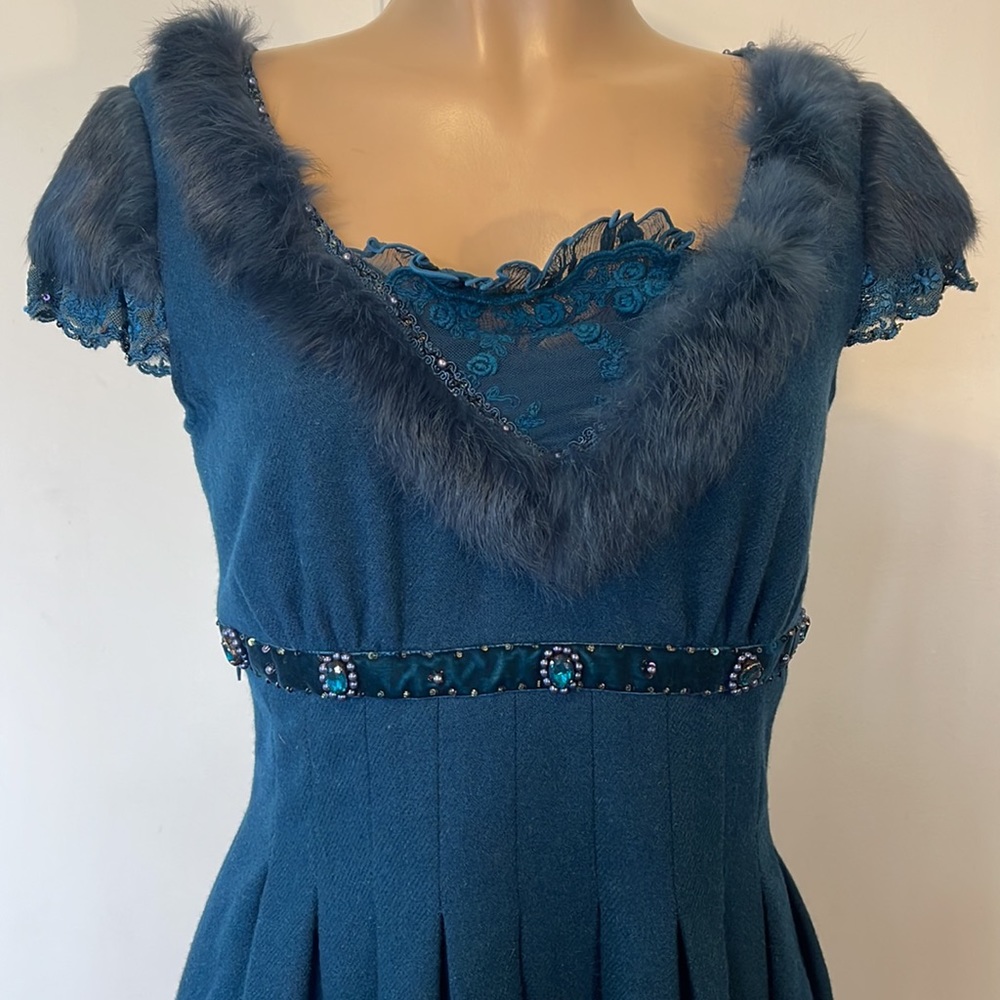 PINK & MARY Lace, faux fur,  bling cristals Blue Color Womens DRESS size MEDIUM